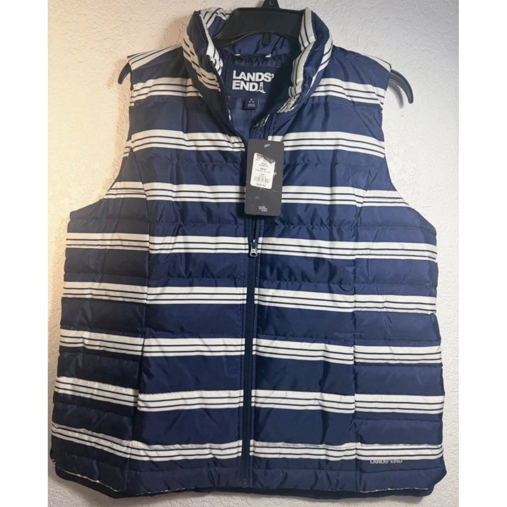 NWT Lands' End Down Full Zip Vest Size Large Tall Navy Blue White Stripe